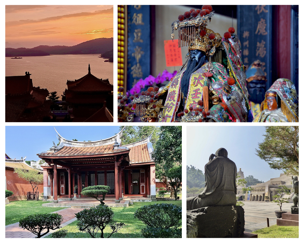 1/ Le temple Wenwu au coucher du soleil sur le SunMoon lake. 2 et 3/ Pavillon central duy et temple de Confucius à Tainan / 4 Fo Guang, un monastère hors-normes @ Catherine Gary et David Raynal